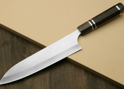 Yoshihiro High Speed Steel HAP40 Gyuto Chefs Knife with Triple Ring Ebony Handle with Magnolia Saya Cover