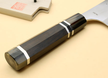 Yoshihiro High Speed Steel HAP40 Gyuto Chefs Knife with Triple Ring Ebony Handle with Magnolia Saya Cover