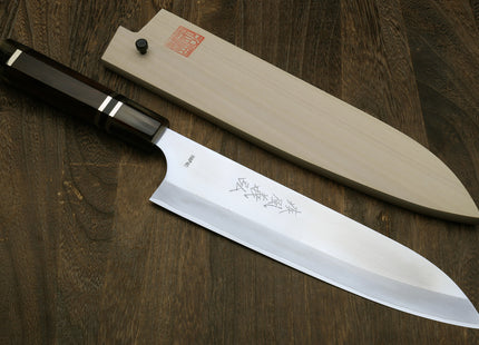 Yoshihiro High Speed Steel HAP40 Gyuto Chefs Knife with Triple Ring Ebony Handle with Magnolia Saya Cover