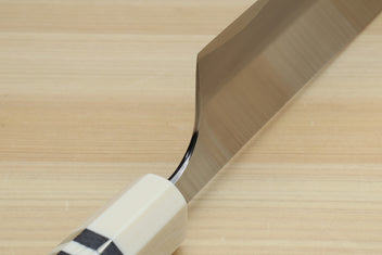 Nakiri chef knife with ivory handle bolster and curved blade heel