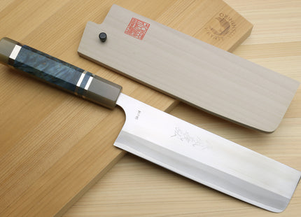 Yoshihiro High Speed Steel HAP40 Nakiri Vegetable Chefs Knife with Ocean Blue Handle and Magnolia Saya Cover