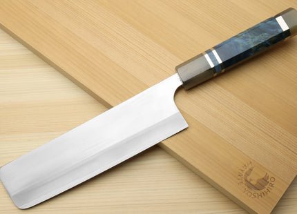 Yoshihiro High Speed Steel HAP40 Nakiri Vegetable Chefs Knife with Ocean Blue Handle and Magnolia Saya Cover