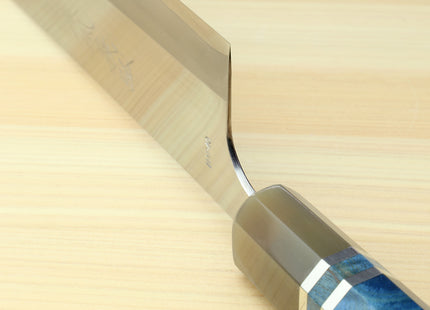 Yoshihiro High Speed Steel HAP40 Nakiri Vegetable Chefs Knife with Ocean Blue Handle and Magnolia Saya Cover