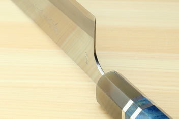 Nakiri knife edge and heel, with ocean blue patterned handle in saya