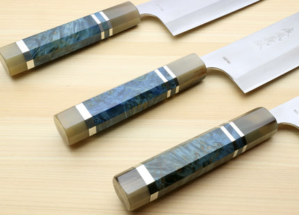 Yoshihiro High Speed Steel HAP40 Nakiri Vegetable Chefs Knife with Ocean Blue Handle and Magnolia Saya Cover