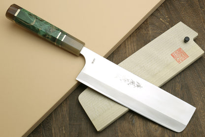 Yoshihiro High Speed Steel HAP40 Nakiri Vegetable Chefs Knife with Stabilized Maple Burl Handle and Magnolia Saya Cover