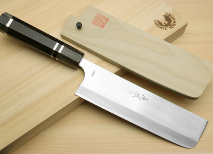 Yoshihiro High Speed Steel HAP40 Nakiri Vegetable Chefs Knife, Octagonal Ebony Wood Handle with Triple Ring
