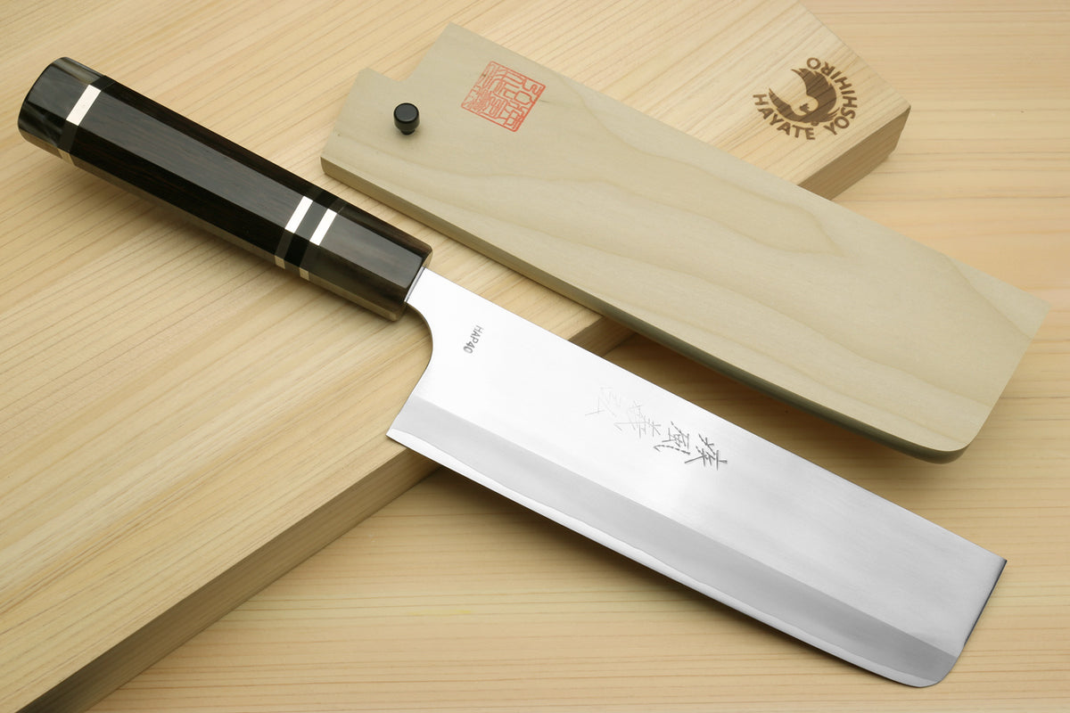 Nakiri vegetable chef knife with straight blade, dark octagonal ebony handle, and triple ring accents