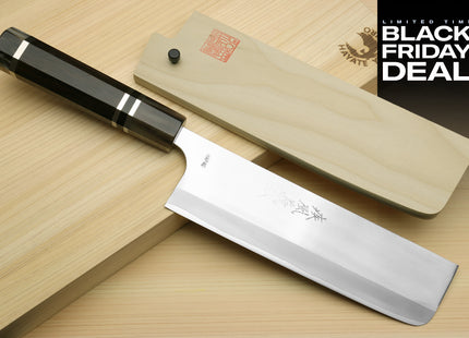 (BF Sale) Yoshihiro High Speed Steel HAP40 Nakiri Vegetable Chefs Knife, Octagonal Ebony Wood Handle with Triple Ring (Blade Length 7" (180mm))