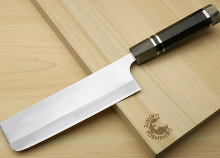 Yoshihiro High Speed Steel HAP40 Nakiri Vegetable Chefs Knife, Octagonal Ebony Wood Handle with Triple Ring