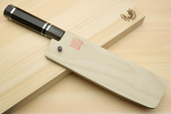 Nakiri vegetable chef knife with dark octagonal handle and straight edge blade