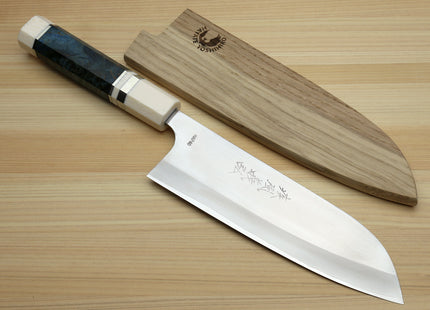 Yoshihiro High Speed Steel HAP40 Santoku Multipurpose Chefs Knife Ocean Blue Handle with Alternative Ivory Bolster and Magnolia Saya Cover