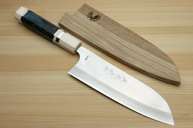 Yoshihiro High Speed Steel HAP40 Santoku Multipurpose Chefs Knife Ocean Blue Handle with Alternative Ivory Bolster and Magnolia Saya Cover