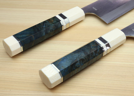 Yoshihiro High Speed Steel HAP40 Santoku Multipurpose Chefs Knife Ocean Blue Handle with Alternative Ivory Bolster and Magnolia Saya Cover