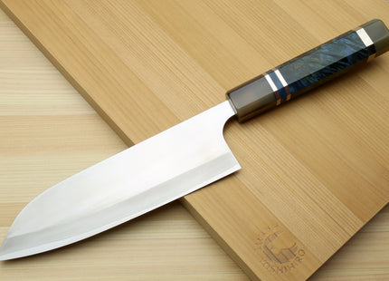 Yoshihiro High Speed Steel HAP40 Santoku Multipurpose Chefs Knife with Ocean Handle and Magnolia Saya Cover