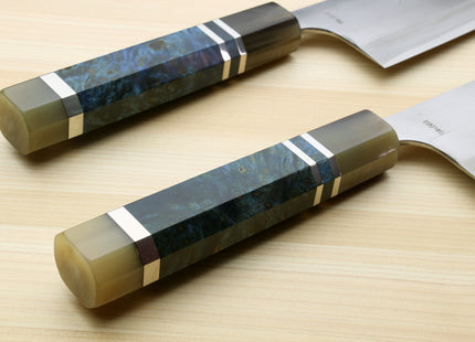 Yoshihiro High Speed Steel HAP40 Santoku Multipurpose Chefs Knife with Ocean Handle and Magnolia Saya Cover