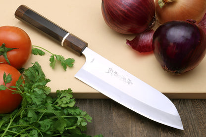 Yoshihiro High Speed Steel HAP40 Santoku Multipurpose Chefs Knife Natural Ebony Handle with Sterling Silver Ring