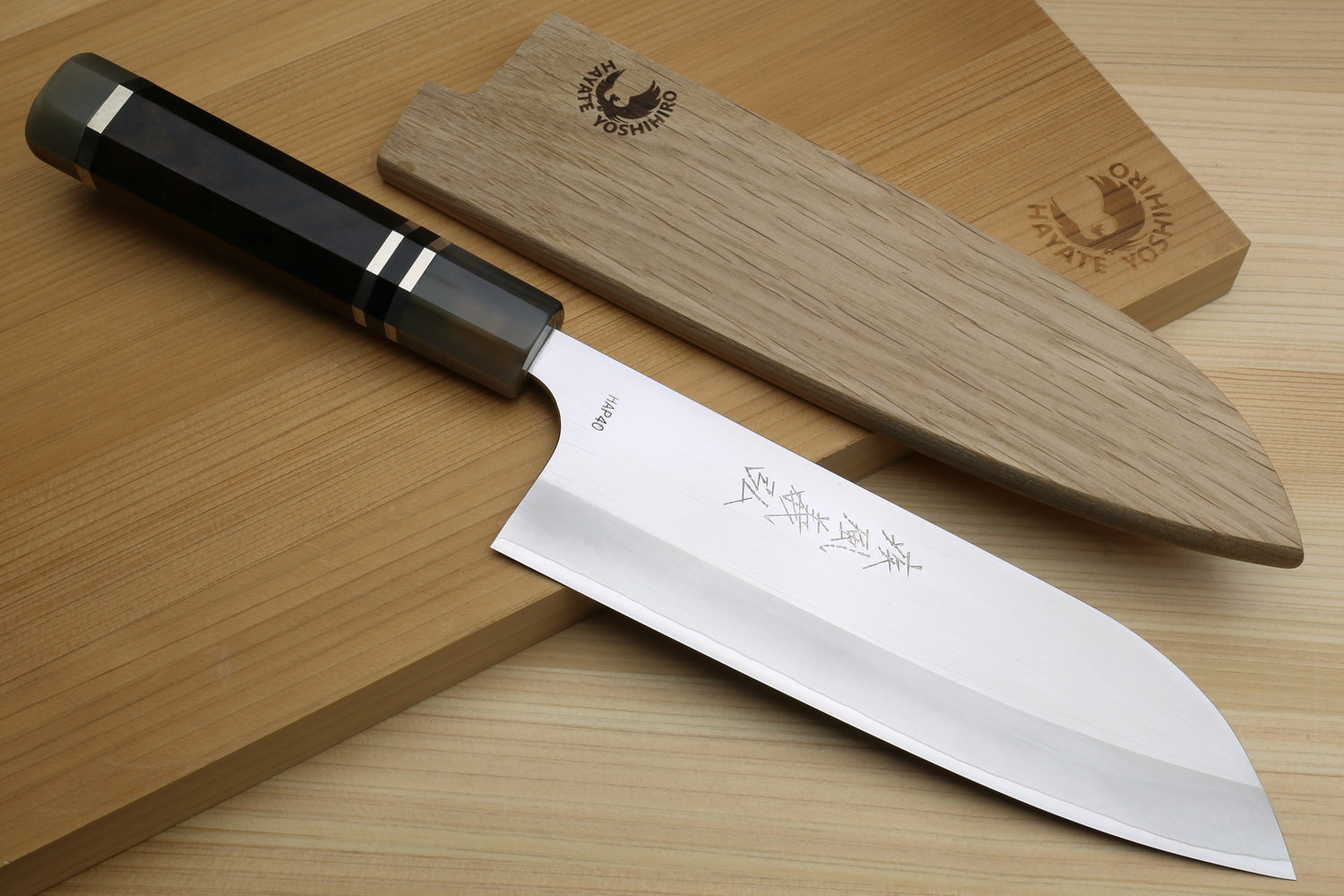 Yoshihiro High Speed Steel HAP40 Santoku Multipurpose Chefs Knife, Octagonal Ebony Wood Handle with Triple Ring