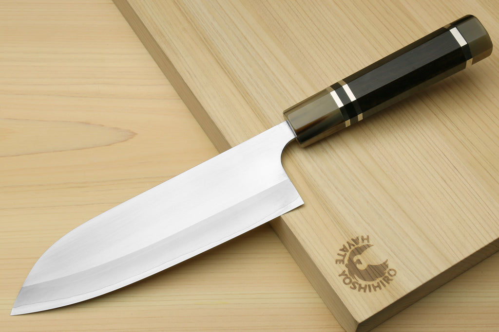 Yoshihiro High Speed Steel HAP40 Santoku Multipurpose Chefs Knife, Octagonal Ebony Wood Handle with Triple Ring
