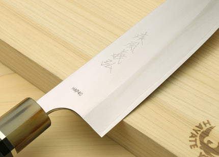 Yoshihiro High Speed Steel HAP40 Santoku Multipurpose Chefs Knife, Octagonal Ebony Wood Handle with Triple Ring