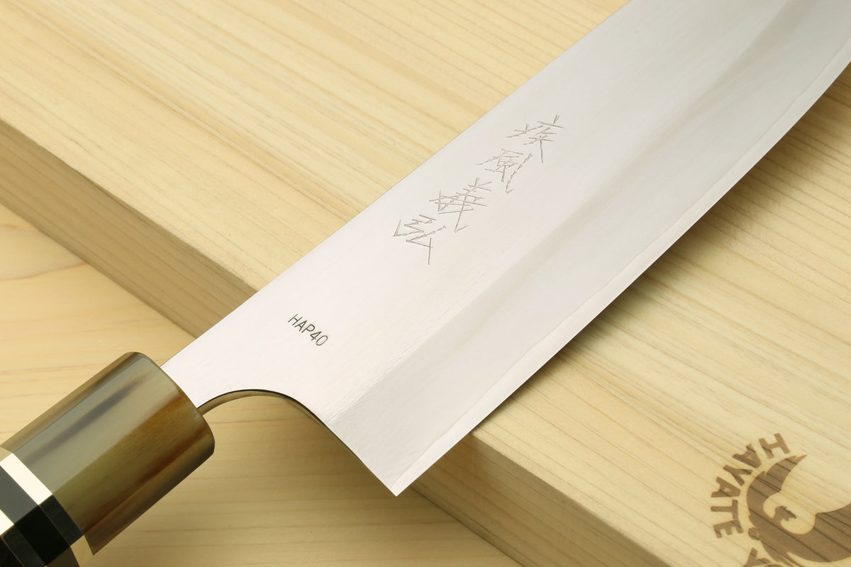 Santoku chef knife with HAP40 stainless blade and ebony octagonal handle, triple rings