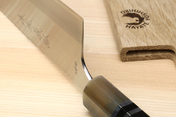 Santoku knife with ebony octagonal handle and triple-ring ferrule, angled blade