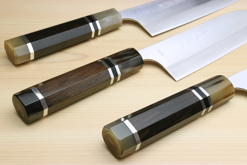 Yoshihiro High Speed Steel HAP40 Santoku Multipurpose Chefs Knife, Octagonal Ebony Wood Handle with Triple Ring