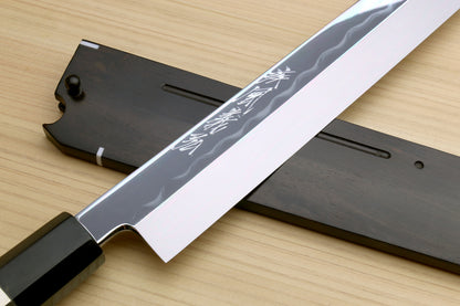 Yoshihiro Honyaki White Steel Mirror Finished Namiukashi Sakimaru Takobiki Sushi Sashimi Japanese Knife with Triple Nickel Silver Ring Ebony Handle and Premium Ebony Saya