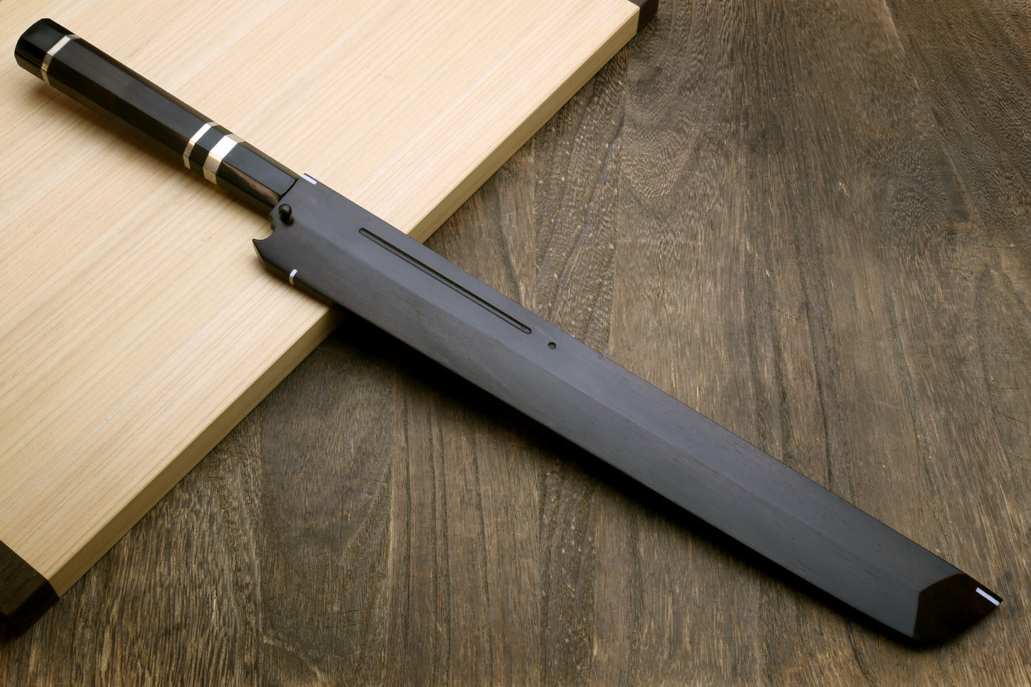 Yoshihiro Honyaki White Steel Mirror Finished Namiukashi Sakimaru Takobiki Sushi Sashimi Japanese Knife with Triple Nickel Silver Ring Ebony Handle and Premium Ebony Saya