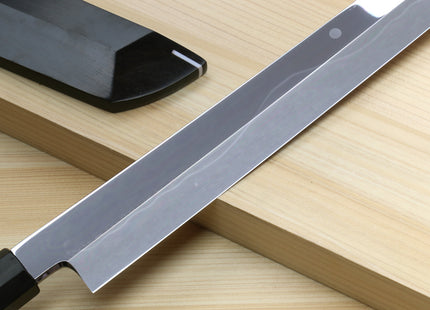 Yoshihiro Mizu Honyaki White Steel #1 Two Sided Mirror-Finished Mt. Fuji Namiukashi Sakimaru Takobiki Premium Ebony Handle with Ebony Cover 13" (330mm) - IKEDA Limited Edition