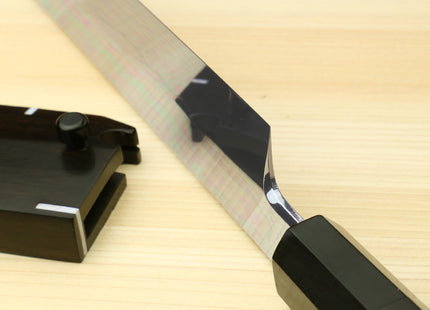 Yoshihiro Mizu Honyaki White Steel #1 Two Sided Mirror-Finished Mt. Fuji Namiukashi Sakimaru Takobiki Premium Ebony Handle with Ebony Cover 13" (330mm) - IKEDA Limited Edition