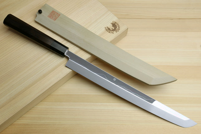 Yoshihiro Mizu Honyaki White Steel #1 Two Sided Mirror-Finished Mt. Fuji Namiukashi Sakimaru Takobiki Premium Ebony Handle - IKEDA Limited Edition (with Magnolia Saya)
