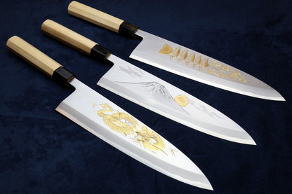 Yoshihiro Kasumi White Steel Deba Fish Fillet Knife – Hand-Etched Gold 3-SET, Limited Edition, 300mm (Magnolia Handles)