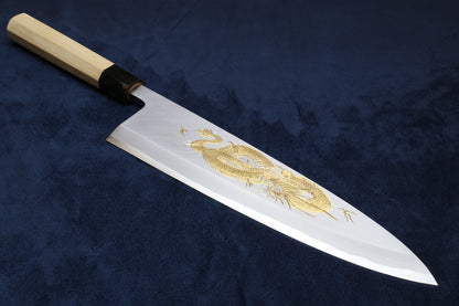 Yoshihiro Kasumi White Steel Deba Fish Fillet Knife – Hand-Etched Gold 'RISING DRAGON', Limited Edition, 300mm (Magnolia Handle)