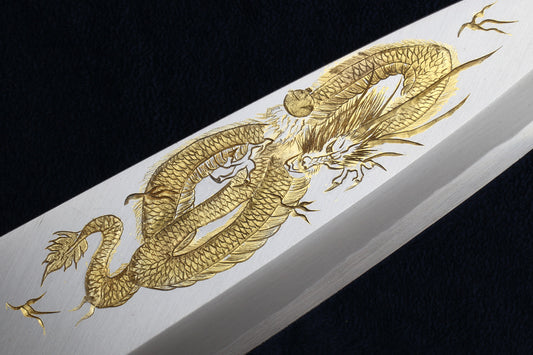 Yoshihiro Kasumi White Steel Deba Fish Fillet Knife – Hand-Etched Gold 'RISING DRAGON', Limited Edition, 300mm (Magnolia Handle)