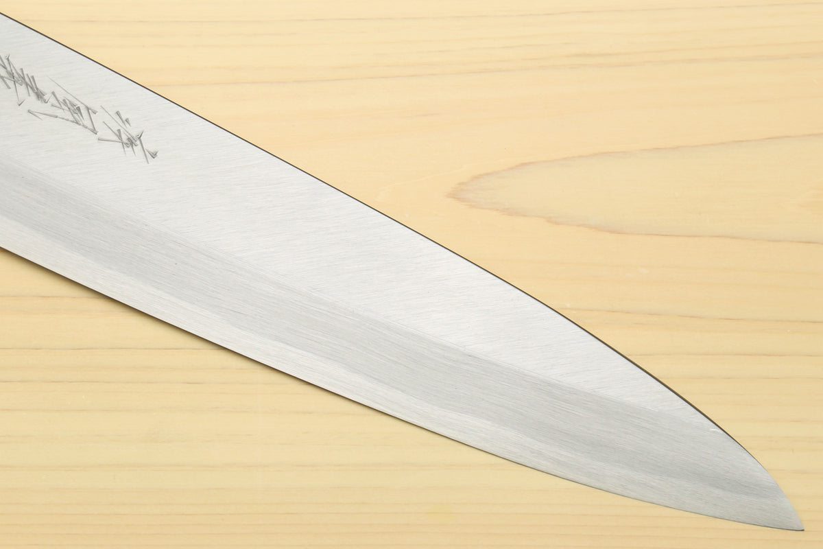 Sushi sashimi chef knife with tapered silver blade tip and fine blade texture