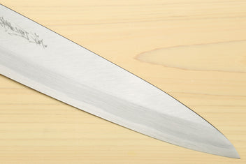 Sushi sashimi chef knife with tapered silver blade tip and fine blade texture