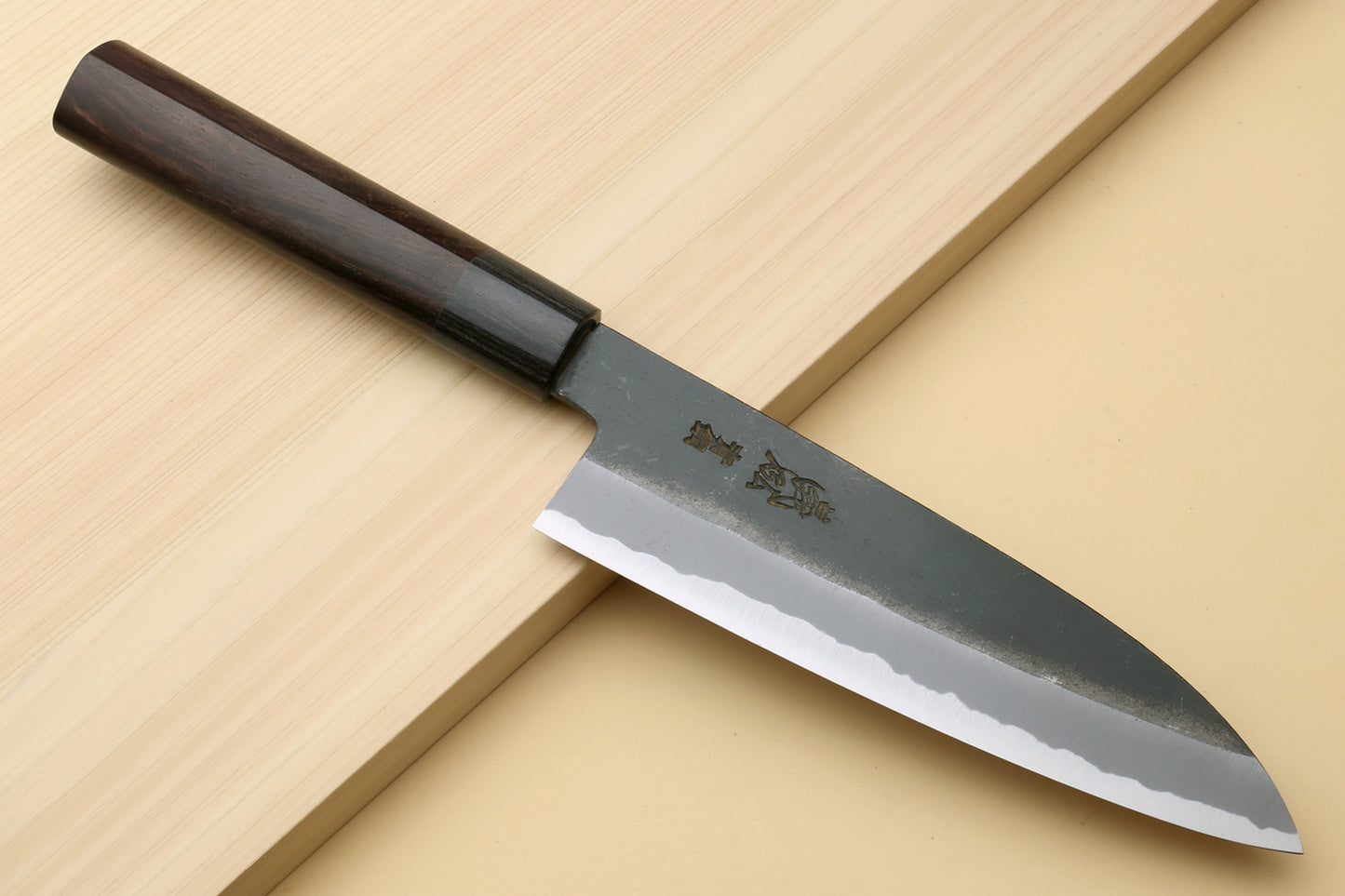 Yoshihiro Black Finish Blue Steel #2 Kurouchi Santoku Multipurpose Japanese Chef Knife (D-Shape Shitan Handle)