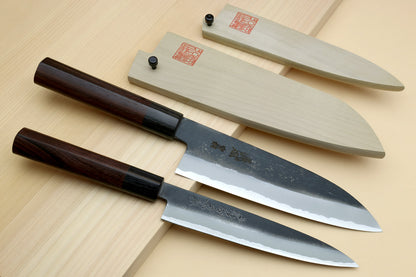 Yoshihiro Black Finish Blue Steel #2 Kurouchi Santoku and Petty Japanese Chef Knife with Saya Cover SET (D-Shape Shitan Handle)