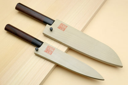 Yoshihiro Black Finish Blue Steel #2 Kurouchi Santoku and Petty Japanese Chef Knife with Saya Cover SET (D-Shape Shitan Handle)