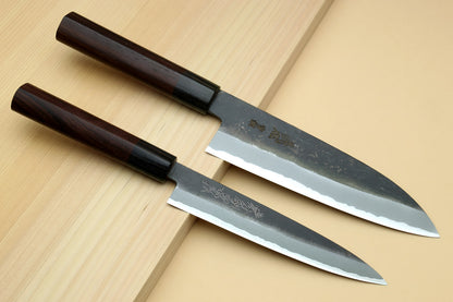 Yoshihiro Black Finish Blue Steel #2 Kurouchi Santoku and Petty Japanese Chef Knife with Saya Cover SET (D-Shape Shitan Handle)