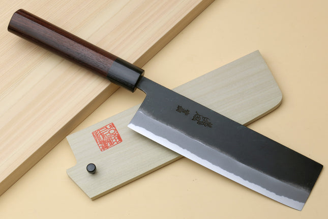 Yoshihiro Black Finish Blue Steel #2 Kurouchi Nakiri Traditional Japanese Vegetable Chopping Chef Knife 6.5" (165mm) D-Shape Shitan Handle