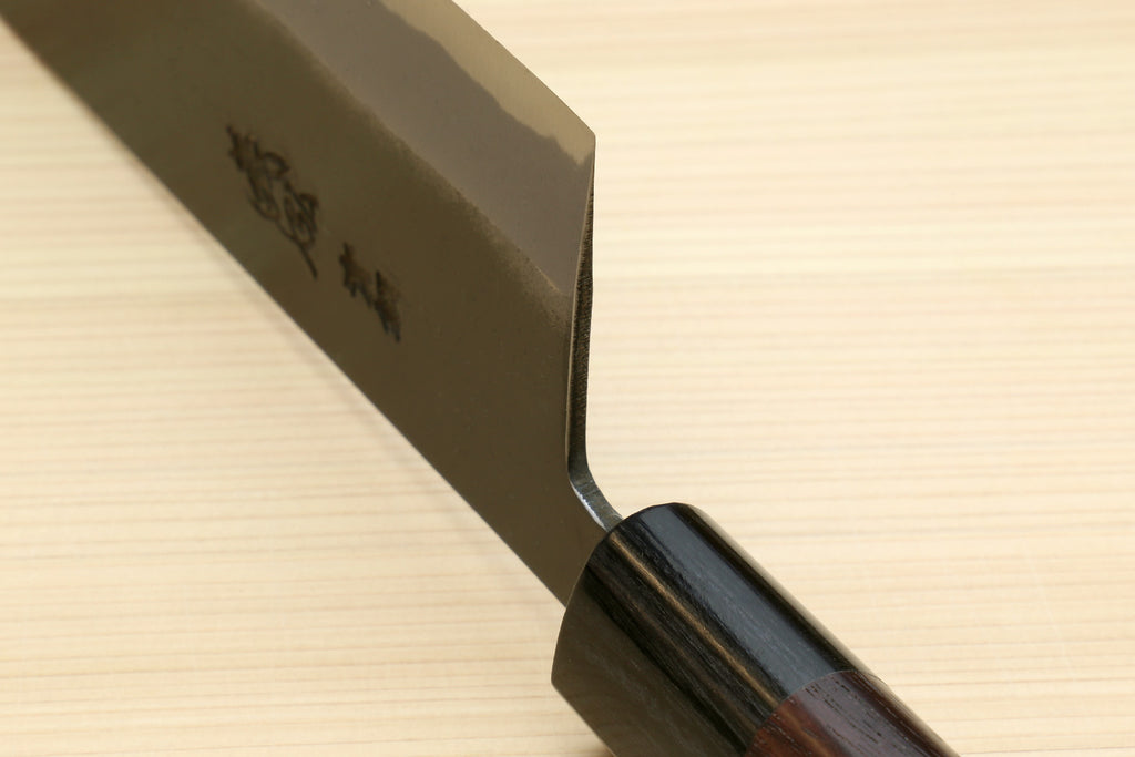 Yoshihiro Black Finish Blue Steel #2 Kurouchi Nakiri Traditional Japanese Vegetable Chopping Chef Knife 6.5" (165mm) D-Shape Shitan Handle