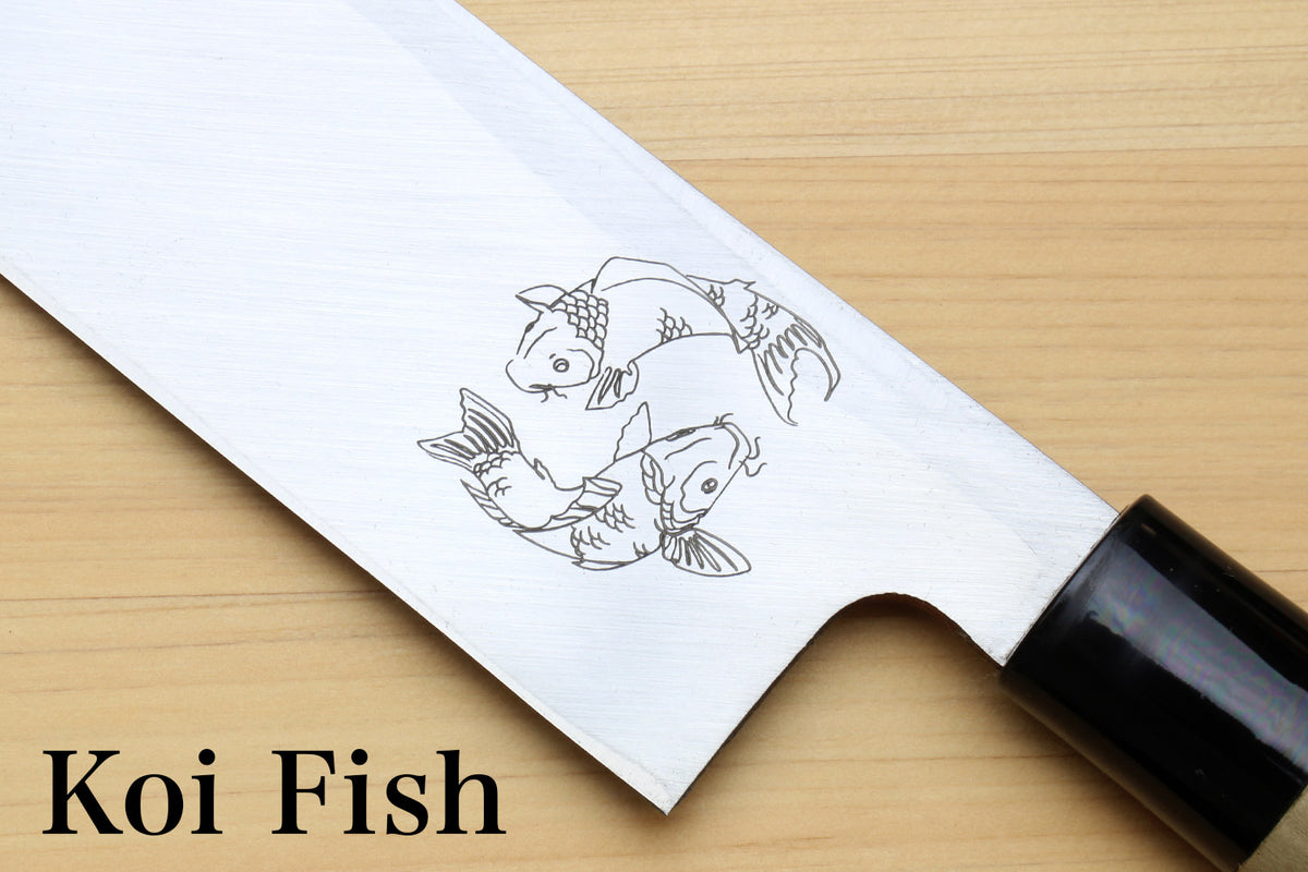 Koi fish engraving on metal blade segment with black handle