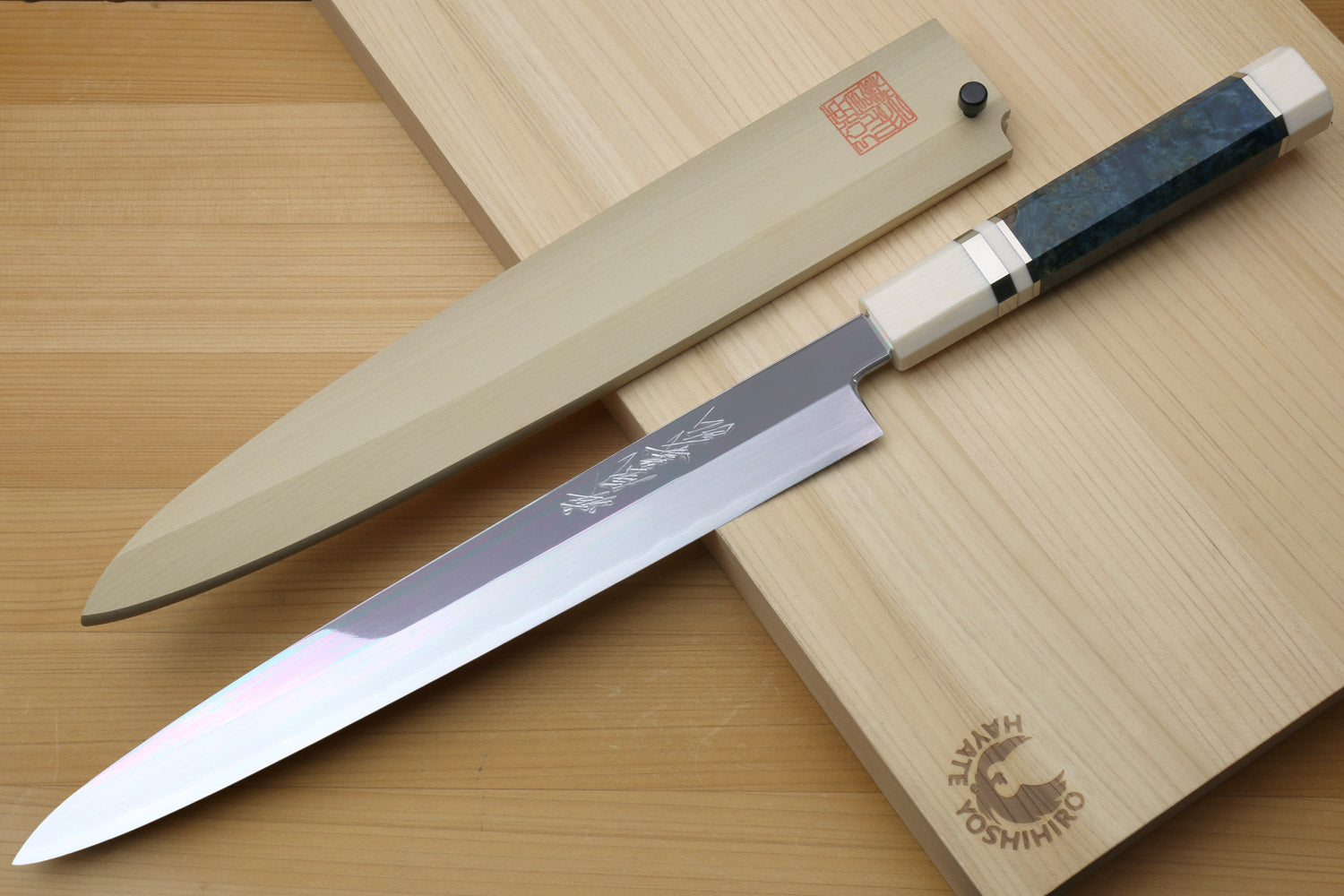 Yoshihiro Left-Handed Ginsan Mirror Polished Stain Resistant Steel Yanagi Sushi Sashimi Japanese Knife Octagonal Handle with Alternative Ivory Bolster