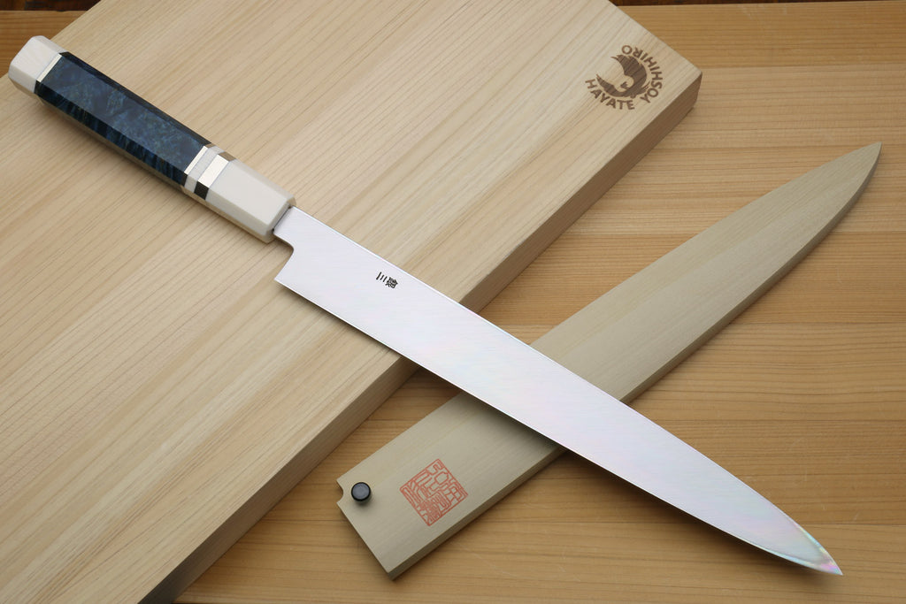 Yoshihiro Left-Handed Ginsan Mirror Polished Stain Resistant Steel Yanagi Sushi Sashimi Japanese Knife Octagonal Handle with Alternative Ivory Bolster