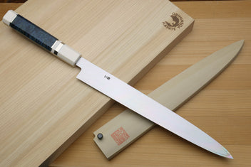 Left-handed yanagi sushi knife with mirror blade, ivory handle, and blue patterned accents