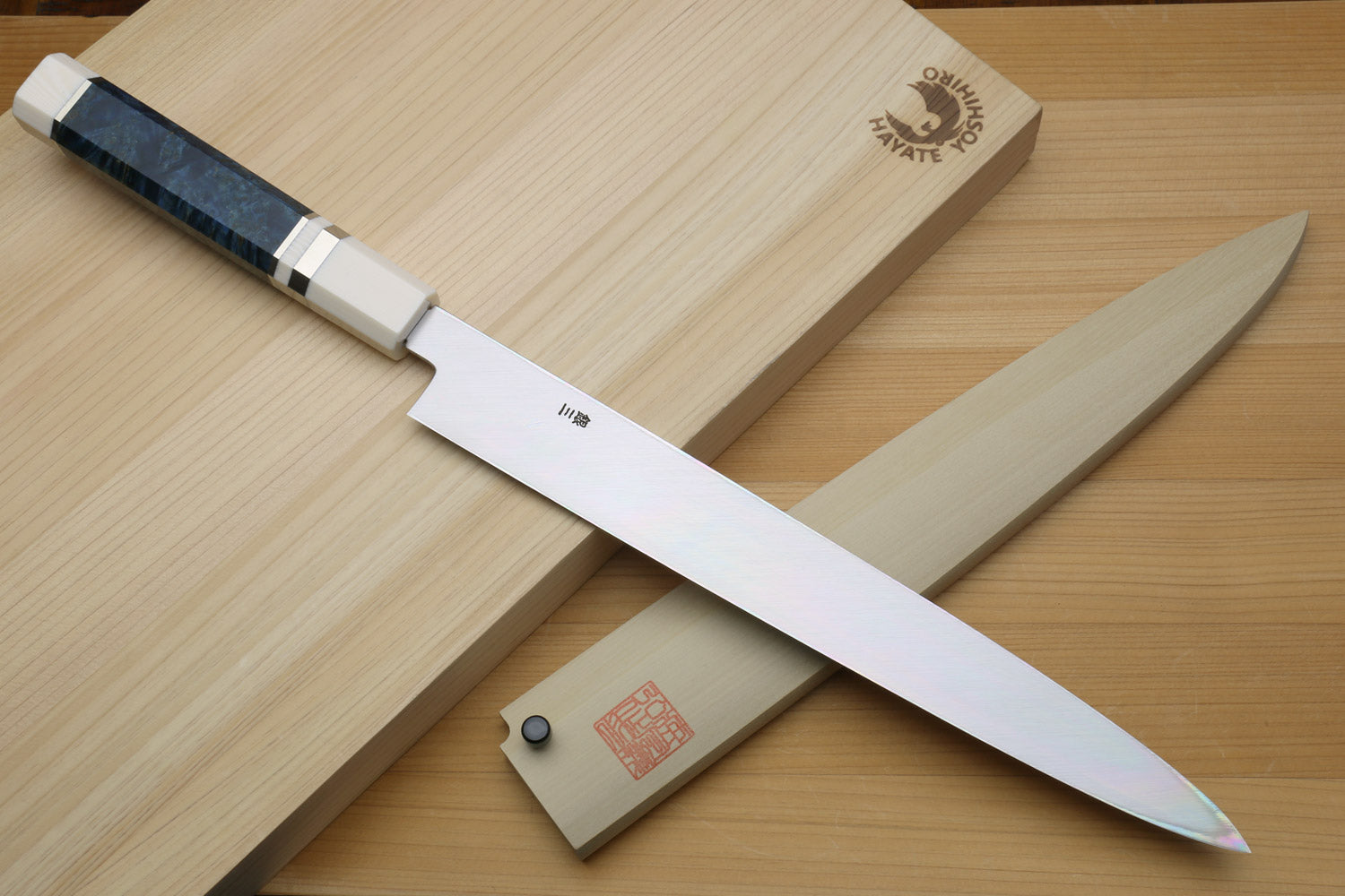 Yoshihiro Left-Handed Ginsan Mirror Polished Stain Resistant Steel Yanagi Sushi Sashimi Japanese Knife Octagonal Handle with Alternative Ivory Bolster