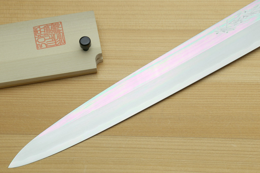 Yoshihiro Left-Handed Ginsan Mirror Polished Stain Resistant Steel Yanagi Sushi Sashimi Japanese Knife Octagonal Handle with Alternative Ivory Bolster