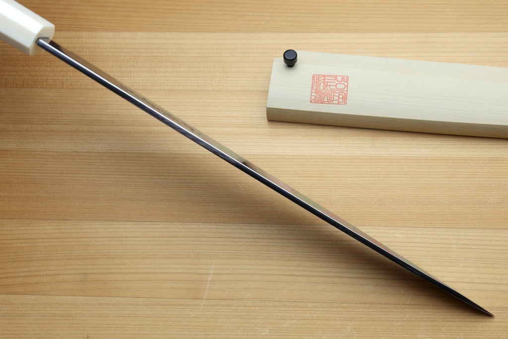 Yoshihiro Left-Handed Ginsan Mirror Polished Stain Resistant Steel Yanagi Sushi Sashimi Japanese Knife Octagonal Handle with Alternative Ivory Bolster